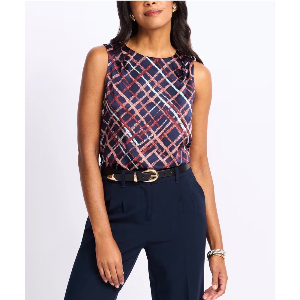 41 Hawthorn Womens Navy Rust Abstract Grid Sleeveless Satin Blouse WGW13043 M